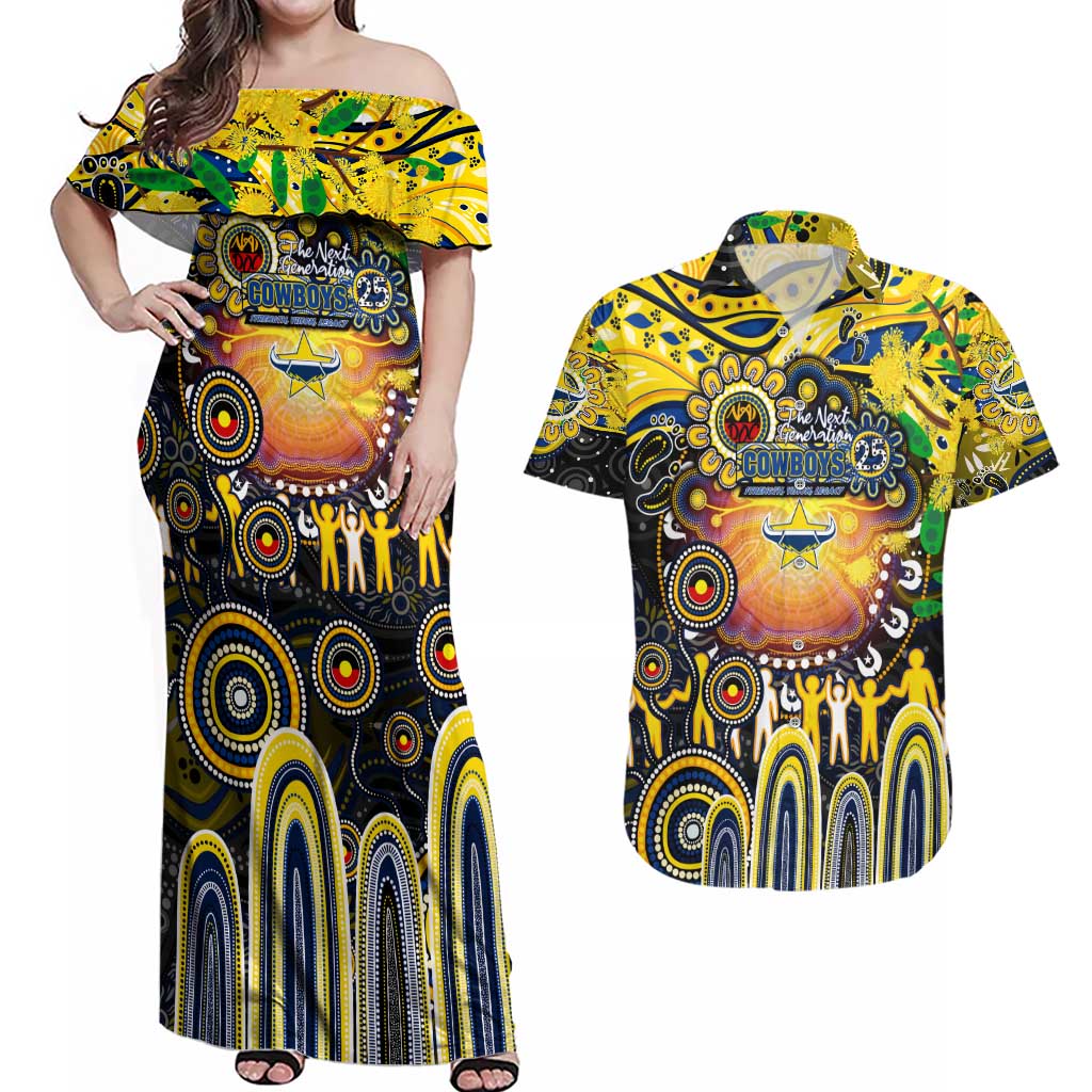 Personalised NAIDOC Week 2025 Cowboys Rugby Couples Matching Off Shoulder Maxi Dress and Hawaiian Shirt Aboriginal Dot Painting