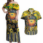 Personalised NAIDOC Week 2025 Cowboys Rugby Couples Matching Off Shoulder Maxi Dress and Hawaiian Shirt Aboriginal Dot Painting