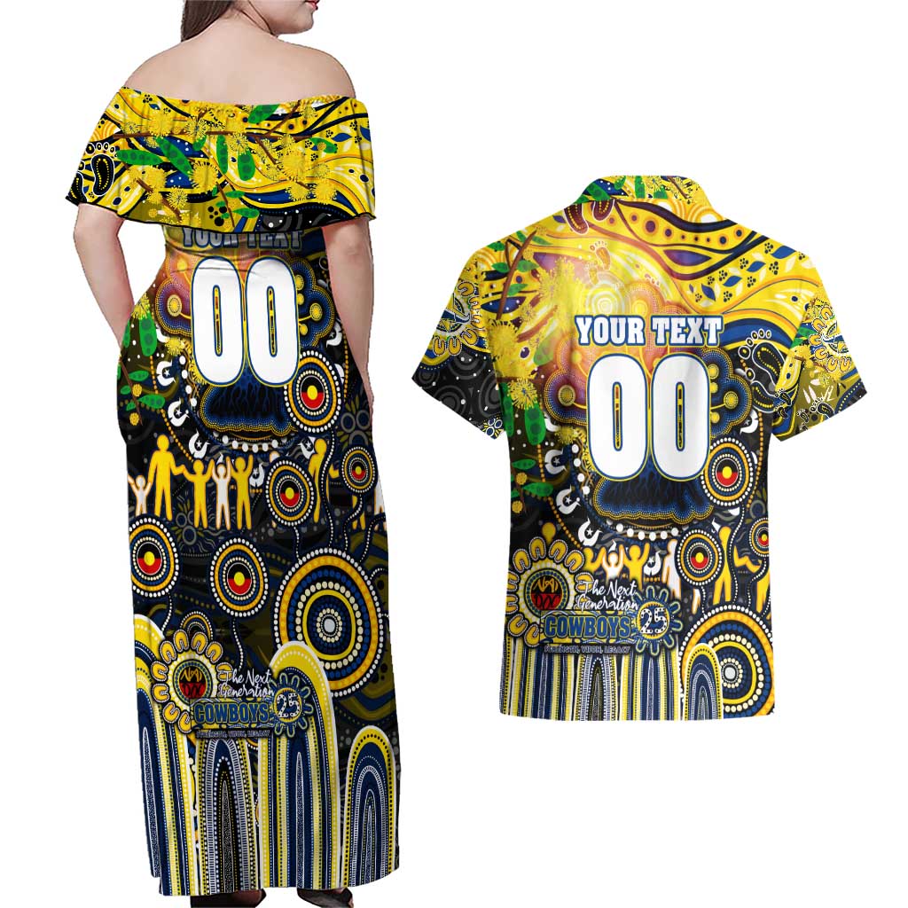 Personalised NAIDOC Week 2025 Cowboys Rugby Couples Matching Off Shoulder Maxi Dress and Hawaiian Shirt Aboriginal Dot Painting