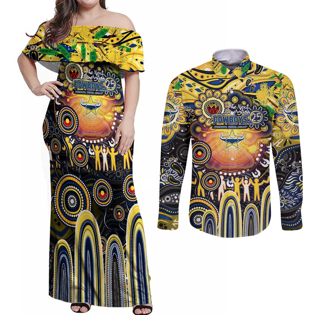 Personalised NAIDOC Week 2025 Cowboys Rugby Couples Matching Off Shoulder Maxi Dress and Long Sleeve Button Shirt Aboriginal Dot Painting
