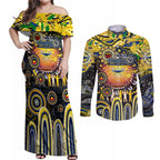 Personalised NAIDOC Week 2025 Cowboys Rugby Couples Matching Off Shoulder Maxi Dress and Long Sleeve Button Shirt Aboriginal Dot Painting