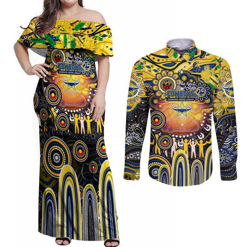 Personalised NAIDOC Week 2025 Cowboys Rugby Couples Matching Off Shoulder Maxi Dress and Long Sleeve Button Shirt Aboriginal Dot Painting
