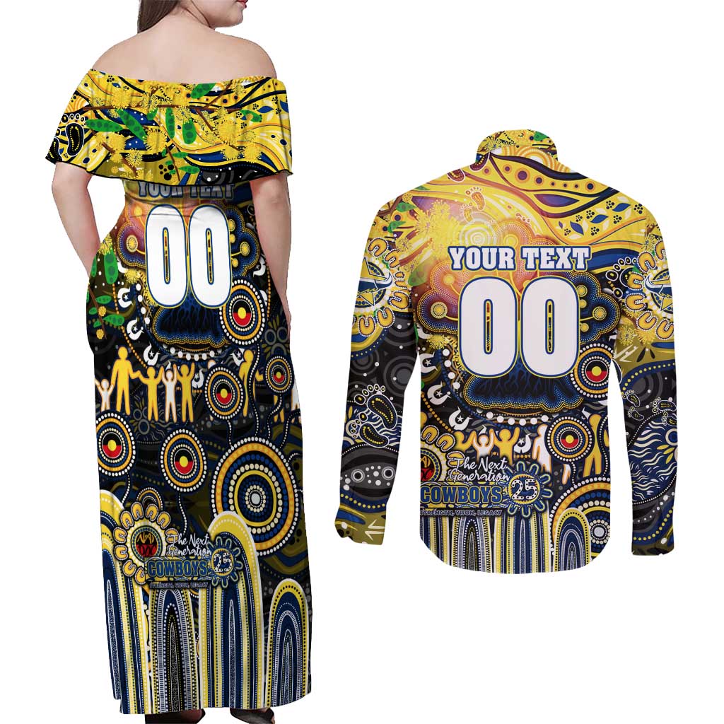 Personalised NAIDOC Week 2025 Cowboys Rugby Couples Matching Off Shoulder Maxi Dress and Long Sleeve Button Shirt Aboriginal Dot Painting