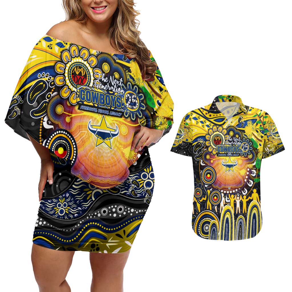 Personalised NAIDOC Week 2025 Cowboys Rugby Couples Matching Off Shoulder Short Dress and Hawaiian Shirt Aboriginal Dot Painting