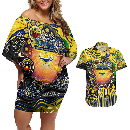 Personalised NAIDOC Week 2025 Cowboys Rugby Couples Matching Off Shoulder Short Dress and Hawaiian Shirt Aboriginal Dot Painting