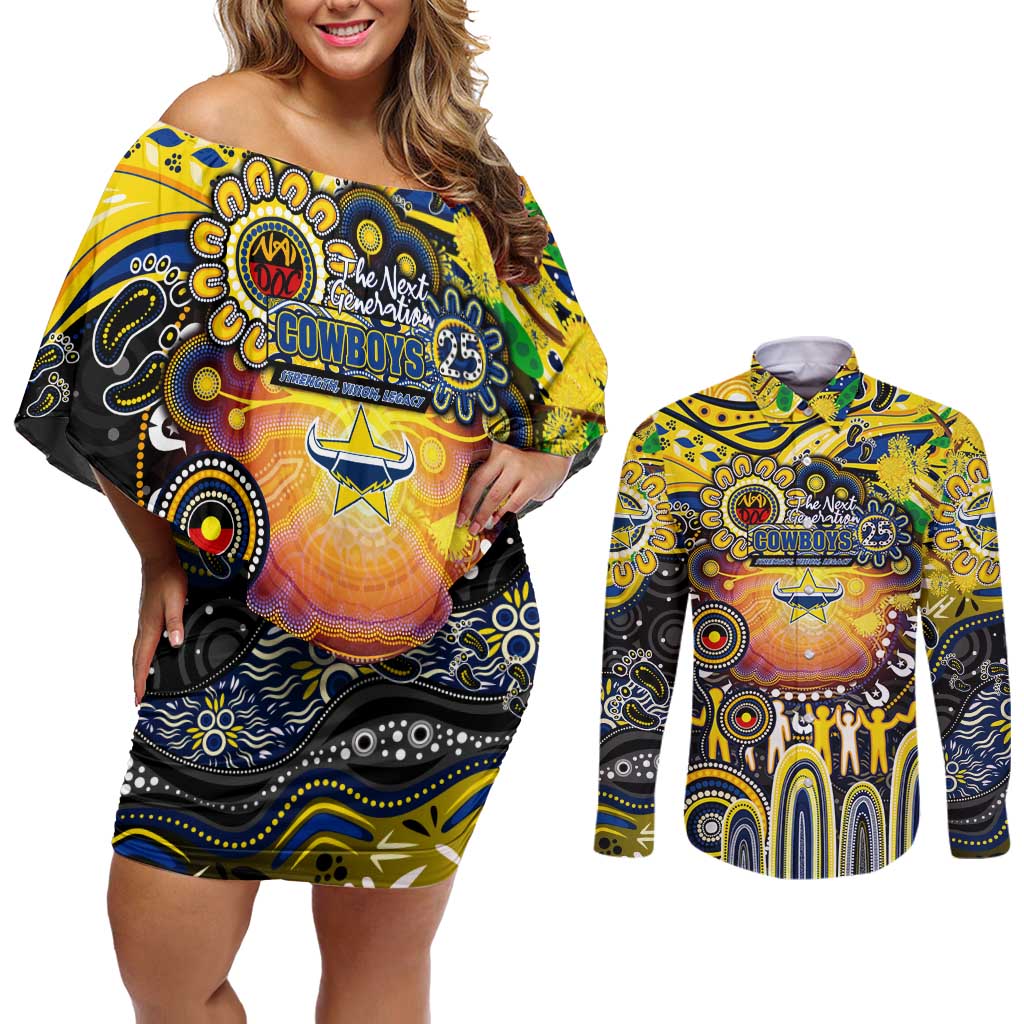Personalised NAIDOC Week 2025 Cowboys Rugby Couples Matching Off Shoulder Short Dress and Long Sleeve Button Shirt Aboriginal Dot Painting