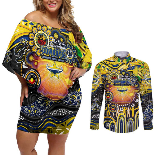 Personalised NAIDOC Week 2025 Cowboys Rugby Couples Matching Off Shoulder Short Dress and Long Sleeve Button Shirt Aboriginal Dot Painting