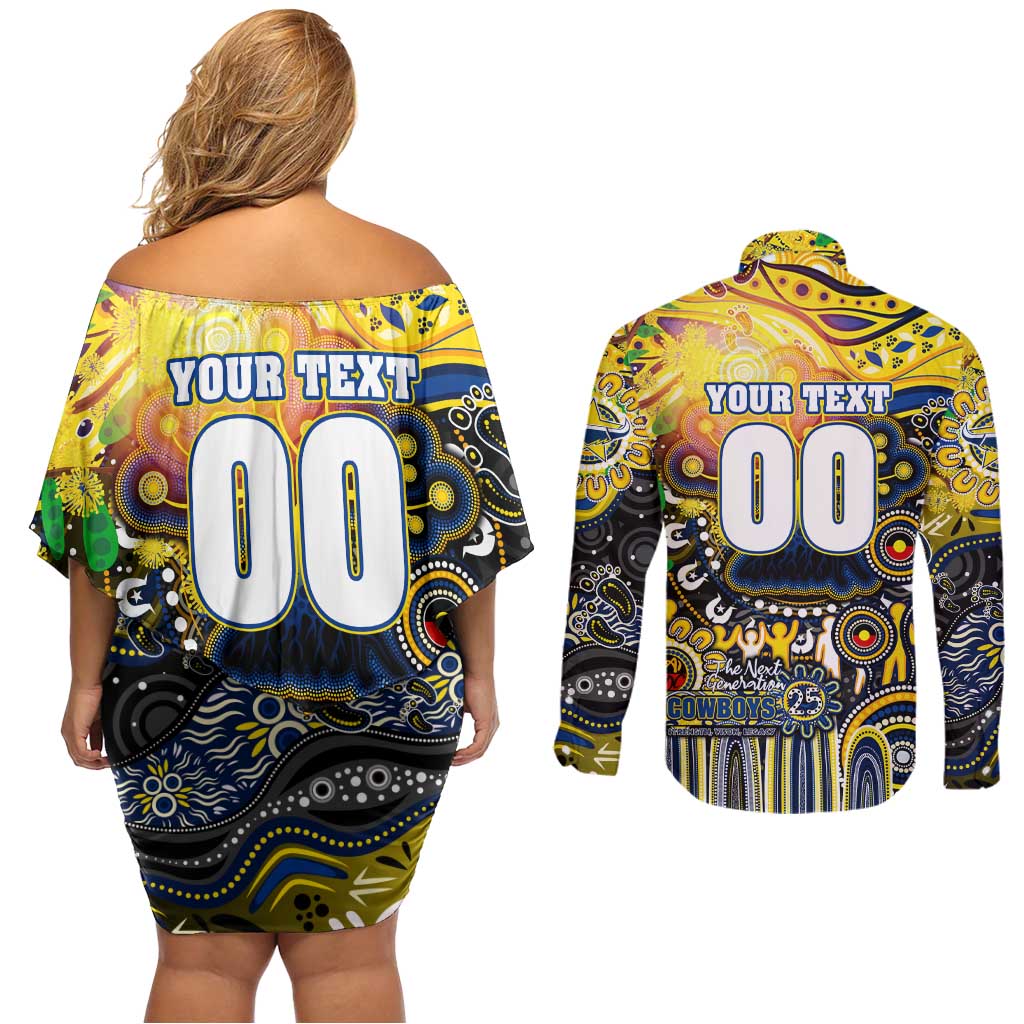 Personalised NAIDOC Week 2025 Cowboys Rugby Couples Matching Off Shoulder Short Dress and Long Sleeve Button Shirt Aboriginal Dot Painting