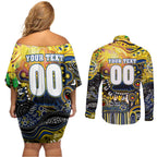 Personalised NAIDOC Week 2025 Cowboys Rugby Couples Matching Off Shoulder Short Dress and Long Sleeve Button Shirt Aboriginal Dot Painting