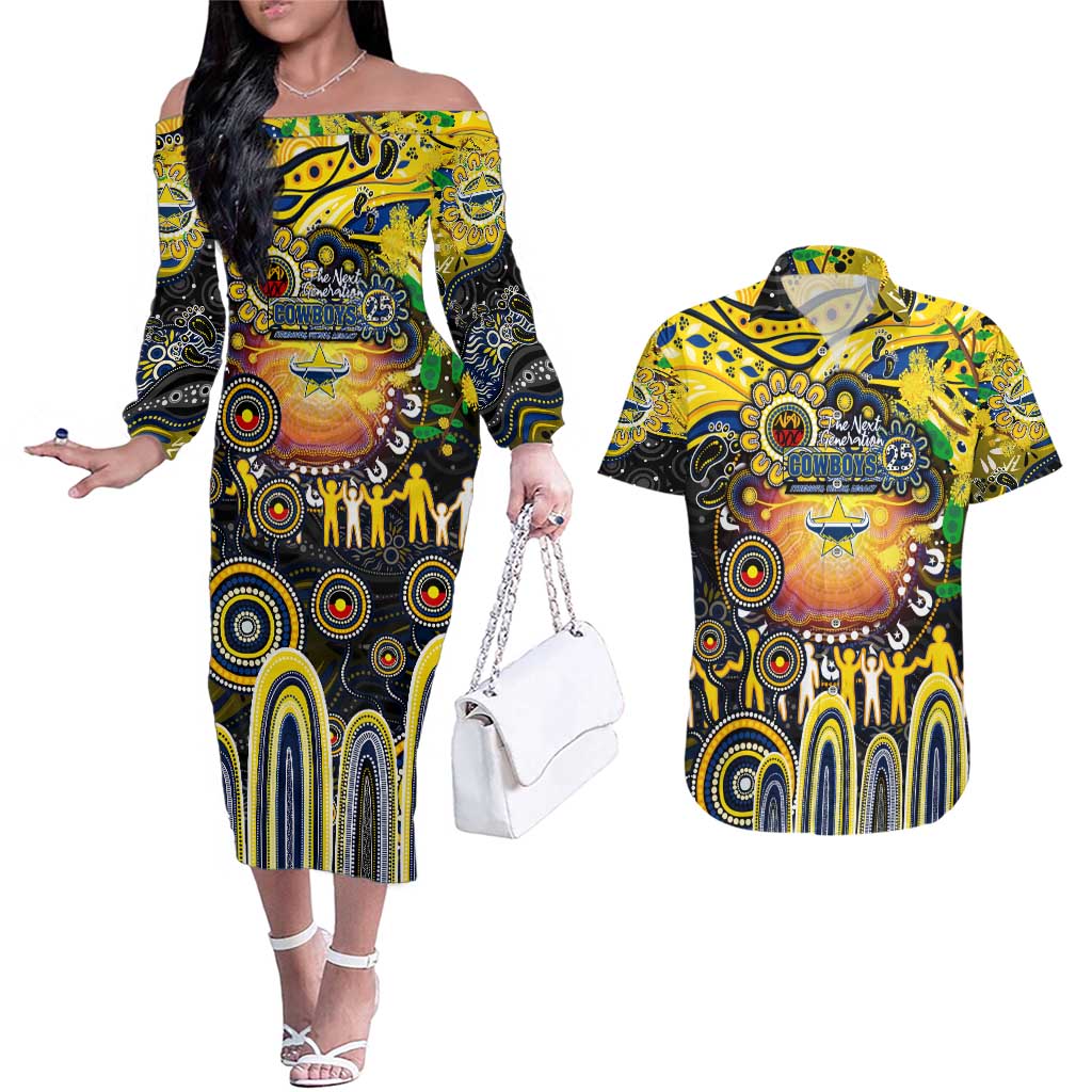 Personalised NAIDOC Week 2025 Cowboys Rugby Couples Matching Off The Shoulder Long Sleeve Dress and Hawaiian Shirt Aboriginal Dot Painting
