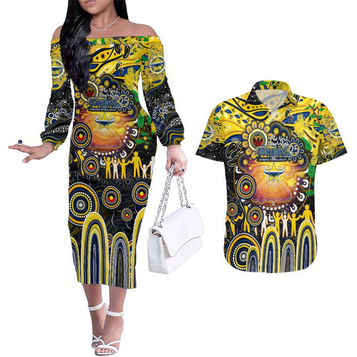 Personalised NAIDOC Week 2025 Cowboys Rugby Couples Matching Off The Shoulder Long Sleeve Dress and Hawaiian Shirt Aboriginal Dot Painting