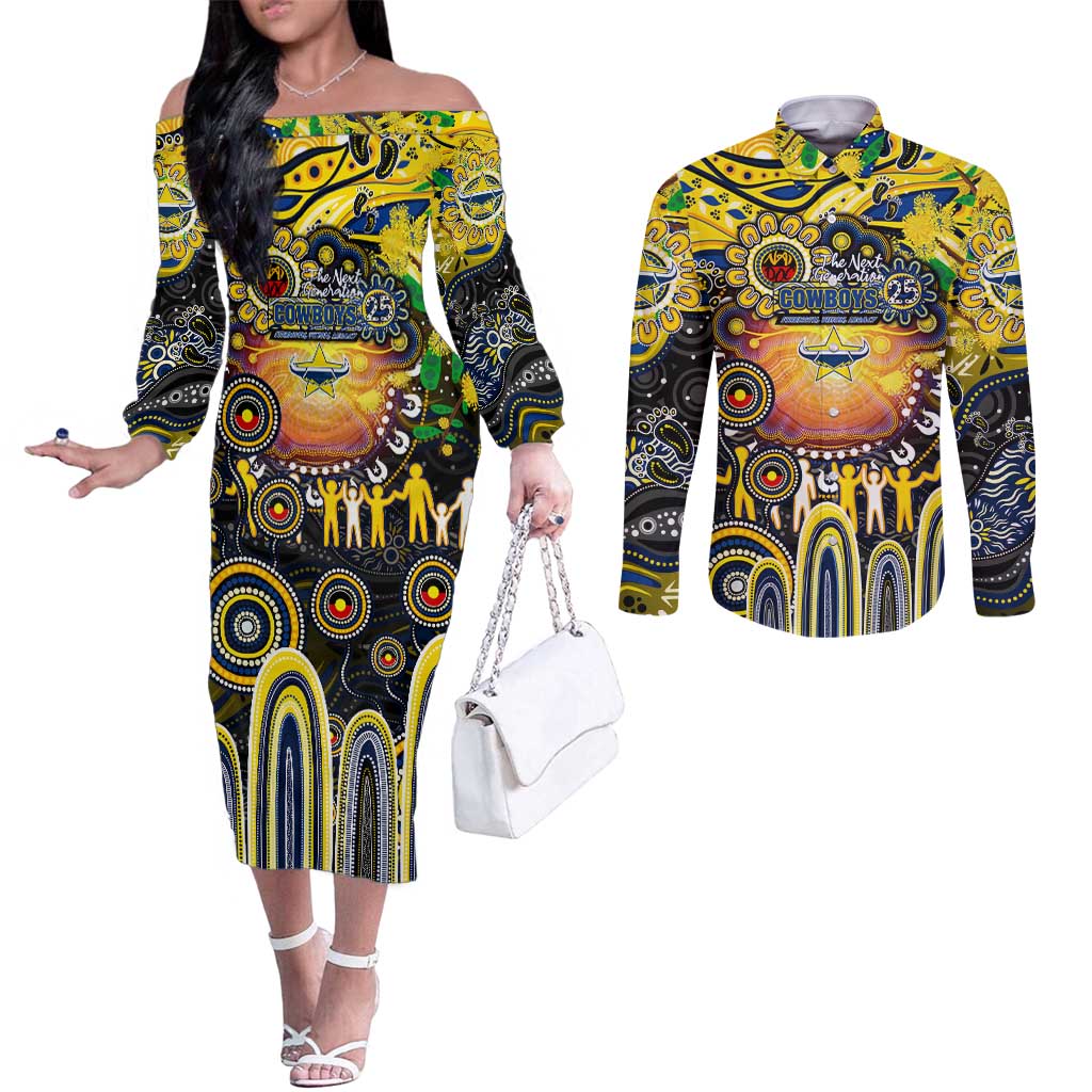 Personalised NAIDOC Week 2025 Cowboys Rugby Couples Matching Off The Shoulder Long Sleeve Dress and Long Sleeve Button Shirt Aboriginal Dot Painting