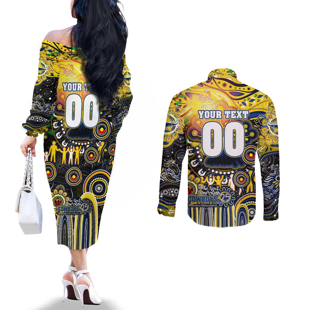 Personalised NAIDOC Week 2025 Cowboys Rugby Couples Matching Off The Shoulder Long Sleeve Dress and Long Sleeve Button Shirt Aboriginal Dot Painting