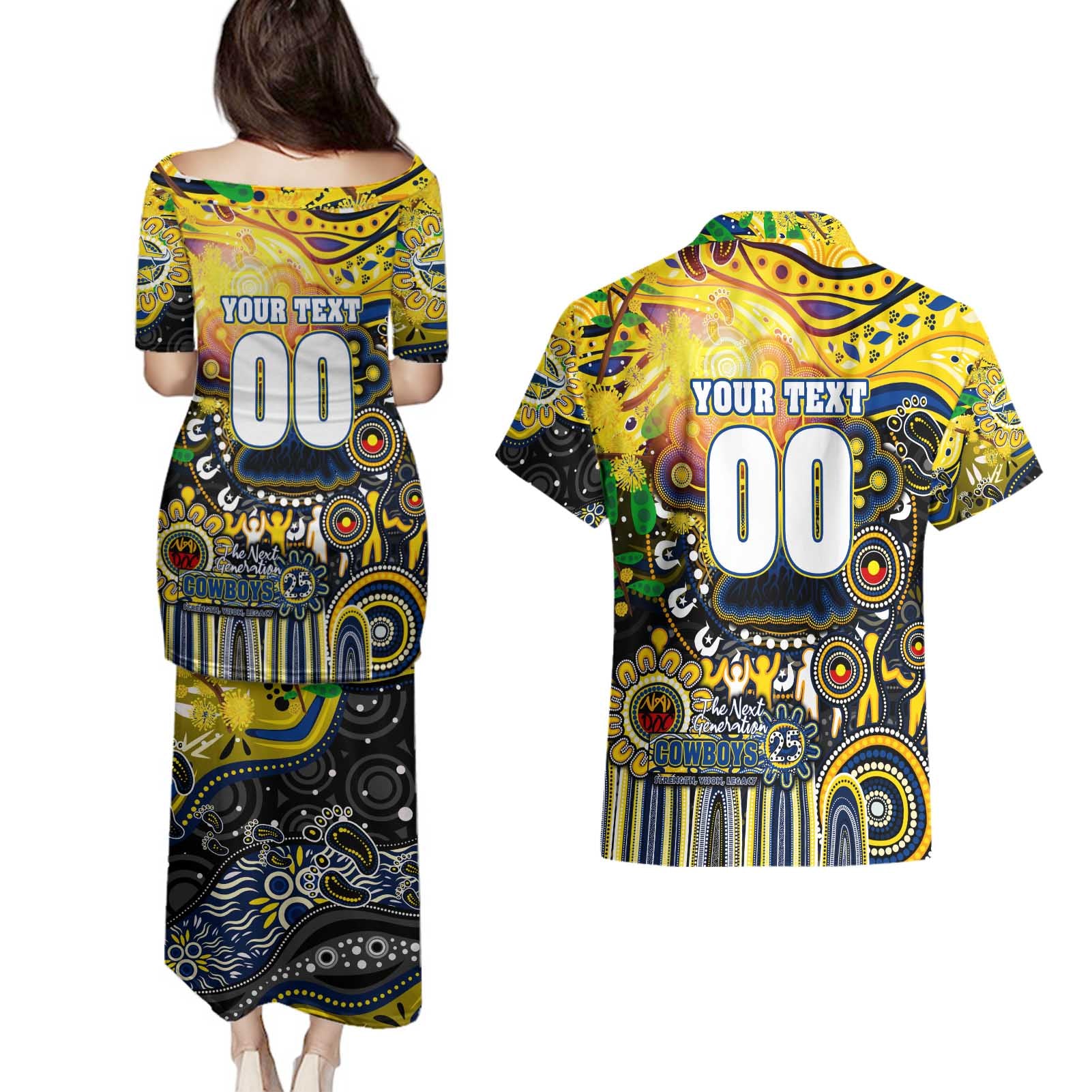 Personalised NAIDOC Week 2025 Cowboys Rugby Couples Matching Puletasi and Hawaiian Shirt Aboriginal Dot Painting