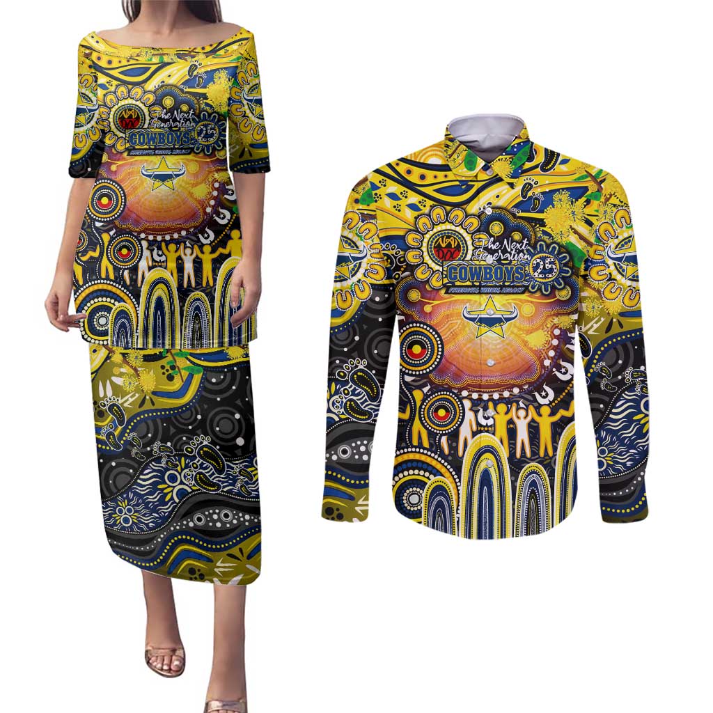 Personalised NAIDOC Week 2025 Cowboys Rugby Couples Matching Puletasi and Long Sleeve Button Shirt Aboriginal Dot Painting
