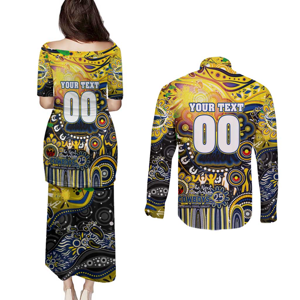 Personalised NAIDOC Week 2025 Cowboys Rugby Couples Matching Puletasi and Long Sleeve Button Shirt Aboriginal Dot Painting