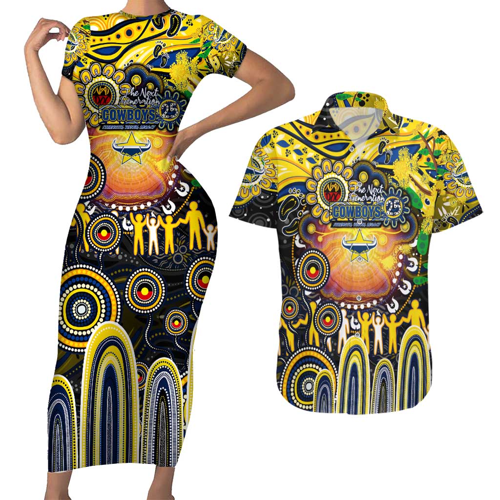 Personalised NAIDOC Week 2025 Cowboys Rugby Couples Matching Short Sleeve Bodycon Dress and Hawaiian Shirt Aboriginal Dot Painting
