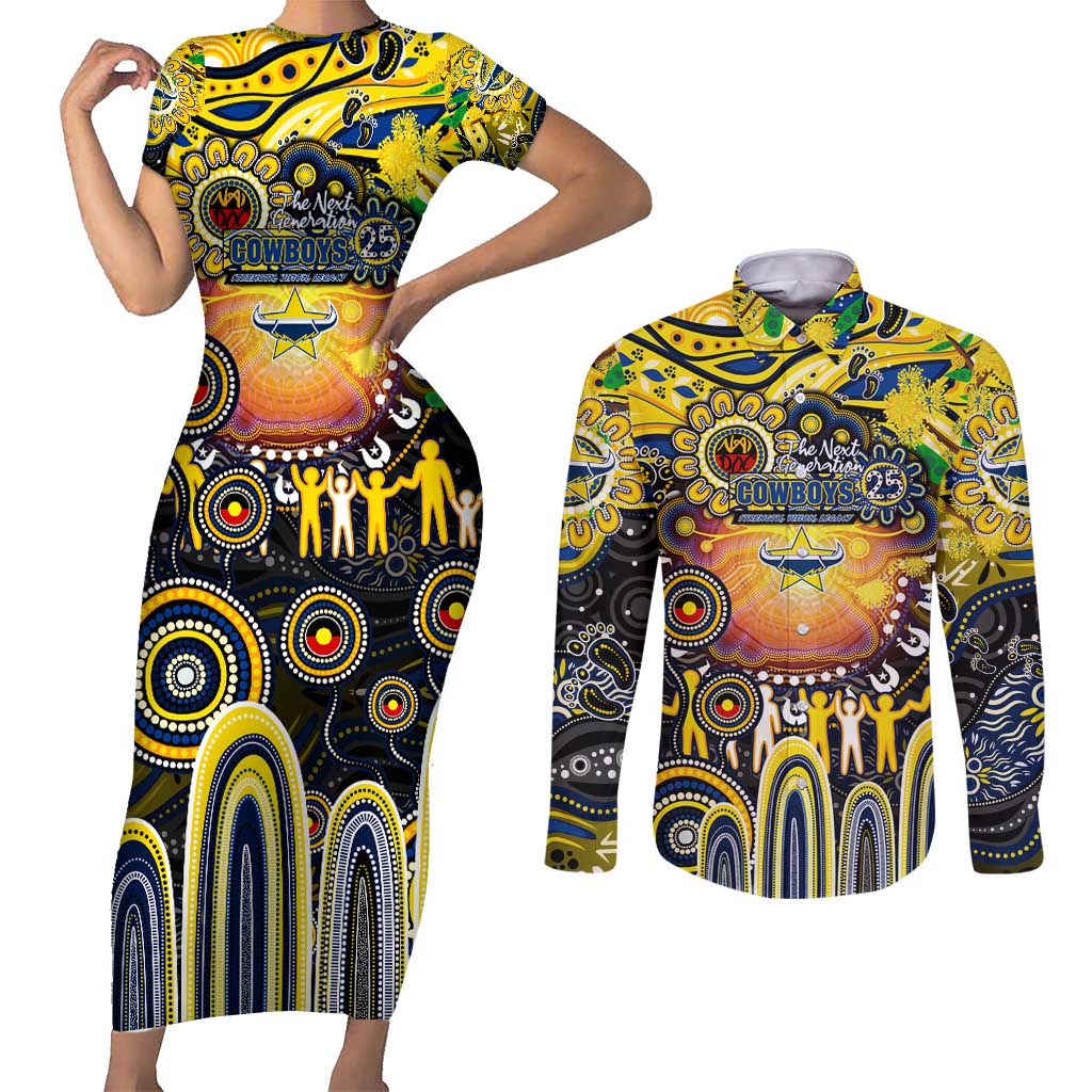 Personalised NAIDOC Week 2025 Cowboys Rugby Couples Matching Short Sleeve Bodycon Dress and Long Sleeve Button Shirt Aboriginal Dot Painting