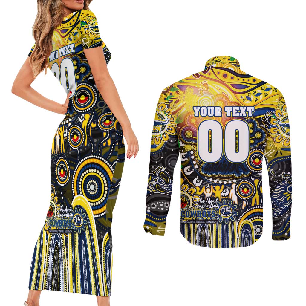 Personalised NAIDOC Week 2025 Cowboys Rugby Couples Matching Short Sleeve Bodycon Dress and Long Sleeve Button Shirt Aboriginal Dot Painting