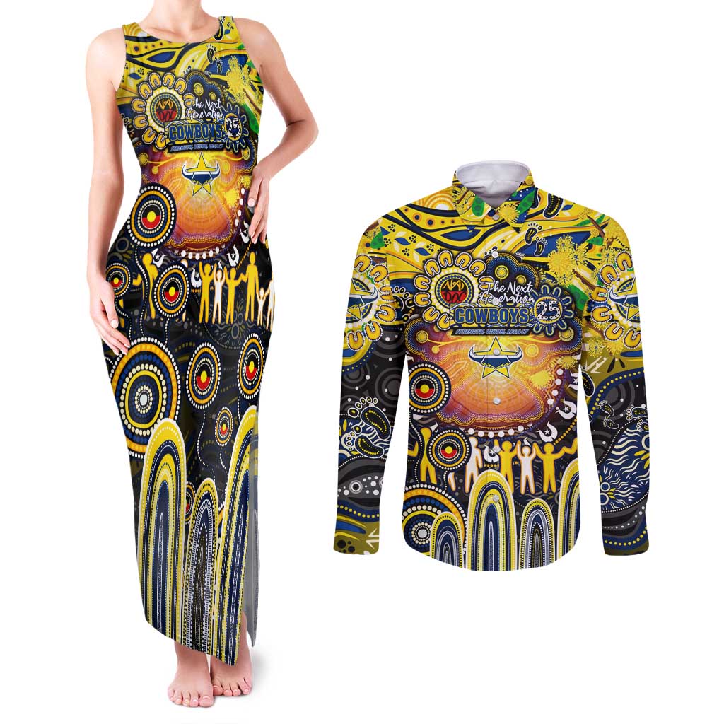 Personalised NAIDOC Week 2025 Cowboys Rugby Couples Matching Tank Maxi Dress and Long Sleeve Button Shirt Aboriginal Dot Painting
