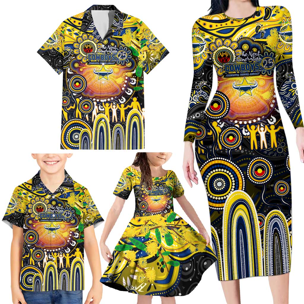 Personalised NAIDOC Week 2025 Cowboys Rugby Family Matching Long Sleeve Bodycon Dress and Hawaiian Shirt Aboriginal Dot Painting