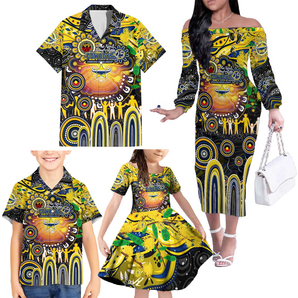 Personalised NAIDOC Week 2025 Cowboys Rugby Family Matching Off The Shoulder Long Sleeve Dress and Hawaiian Shirt Aboriginal Dot Painting