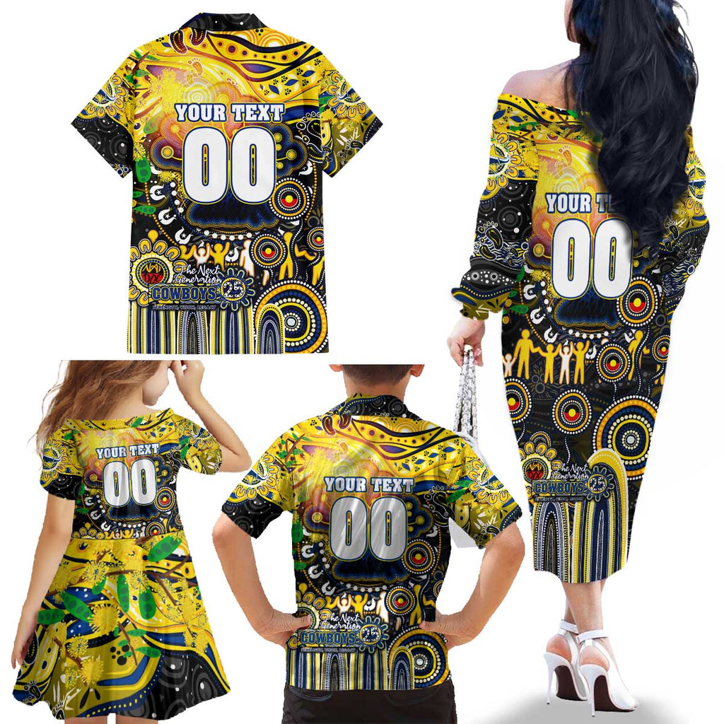 Personalised NAIDOC Week 2025 Cowboys Rugby Family Matching Off The Shoulder Long Sleeve Dress and Hawaiian Shirt Aboriginal Dot Painting