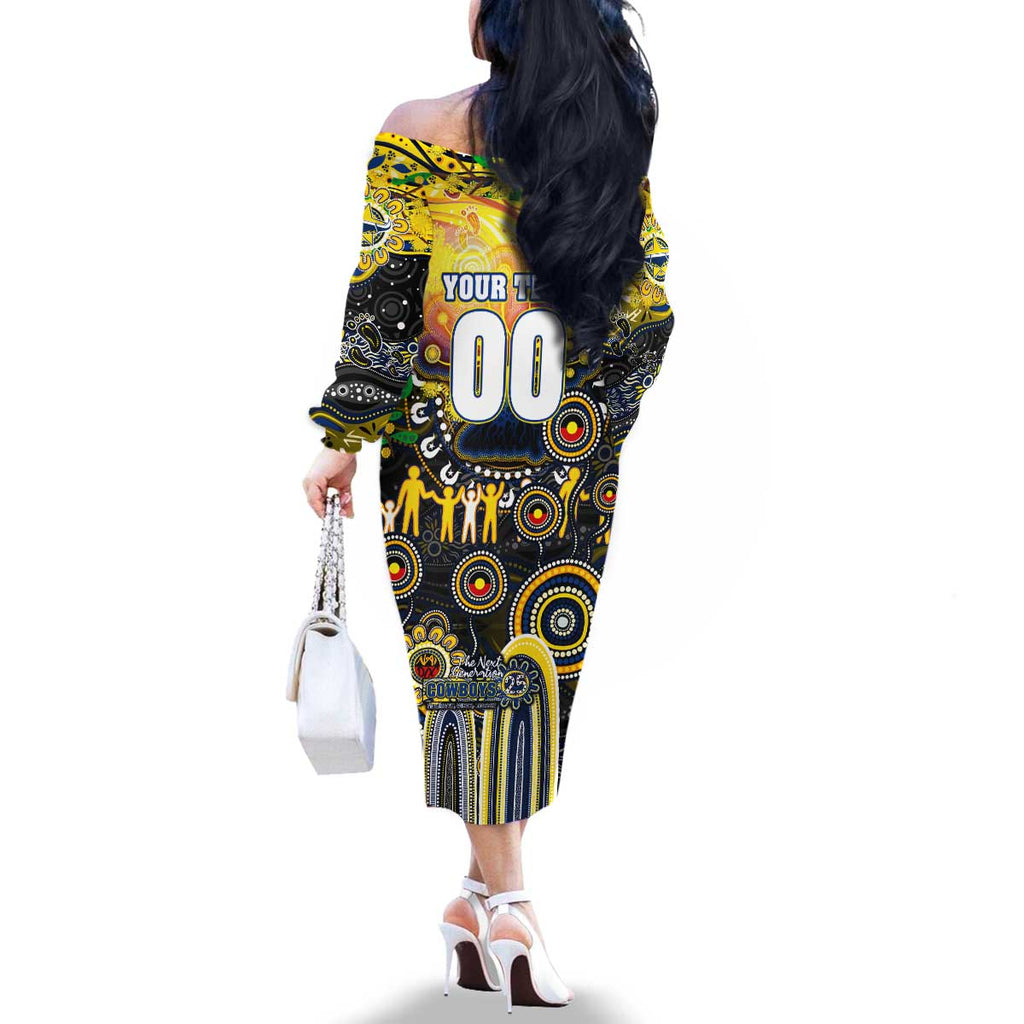 Personalised NAIDOC Week 2025 Cowboys Rugby Family Matching Off The Shoulder Long Sleeve Dress and Hawaiian Shirt Aboriginal Dot Painting