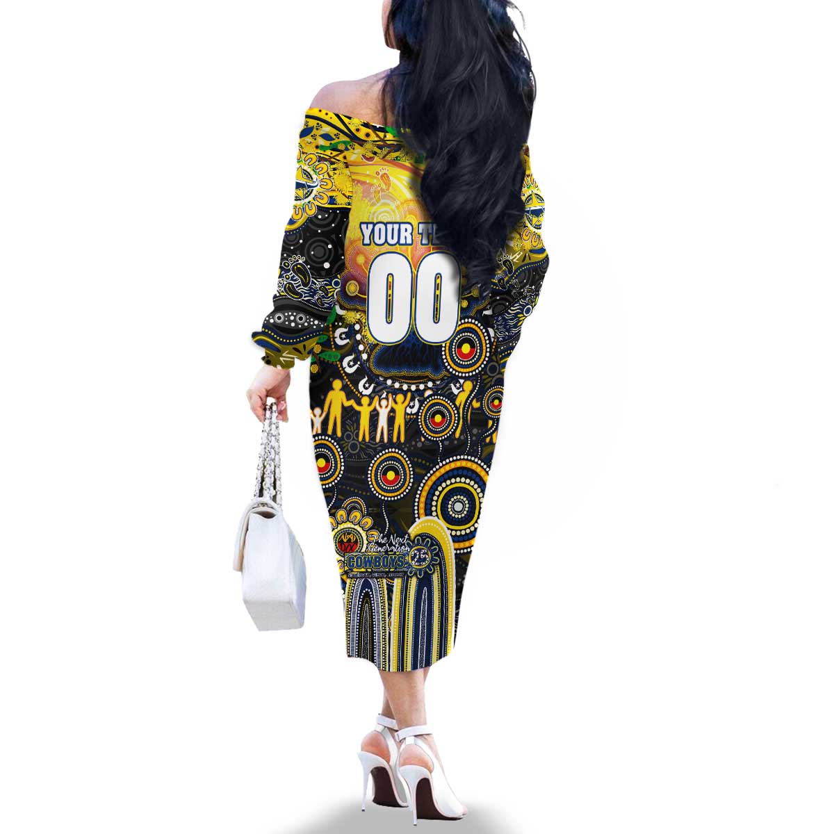 Personalised NAIDOC Week 2025 Cowboys Rugby Family Matching Off The Shoulder Long Sleeve Dress and Hawaiian Shirt Aboriginal Dot Painting