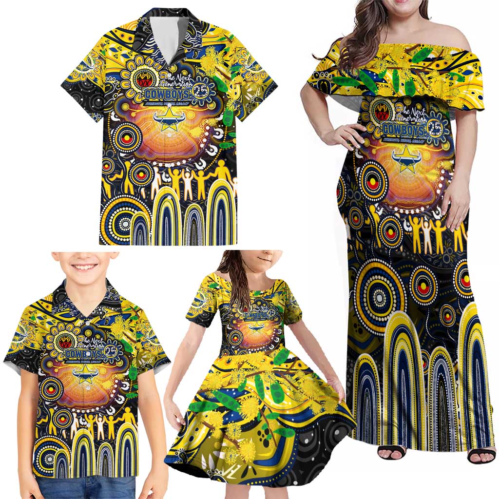 Personalised NAIDOC Week 2025 Cowboys Rugby Family Matching Off Shoulder Maxi Dress and Hawaiian Shirt Aboriginal Dot Painting