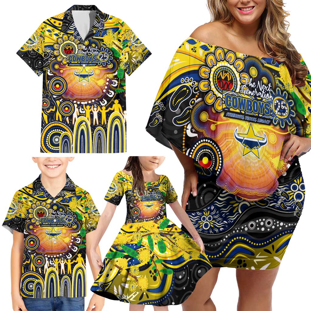 Personalised NAIDOC Week 2025 Cowboys Rugby Family Matching Off Shoulder Short Dress and Hawaiian Shirt Aboriginal Dot Painting