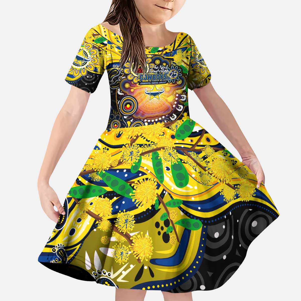 Personalised NAIDOC Week 2025 Cowboys Rugby Kid Short Sleeve Dress Aboriginal Dot Painting