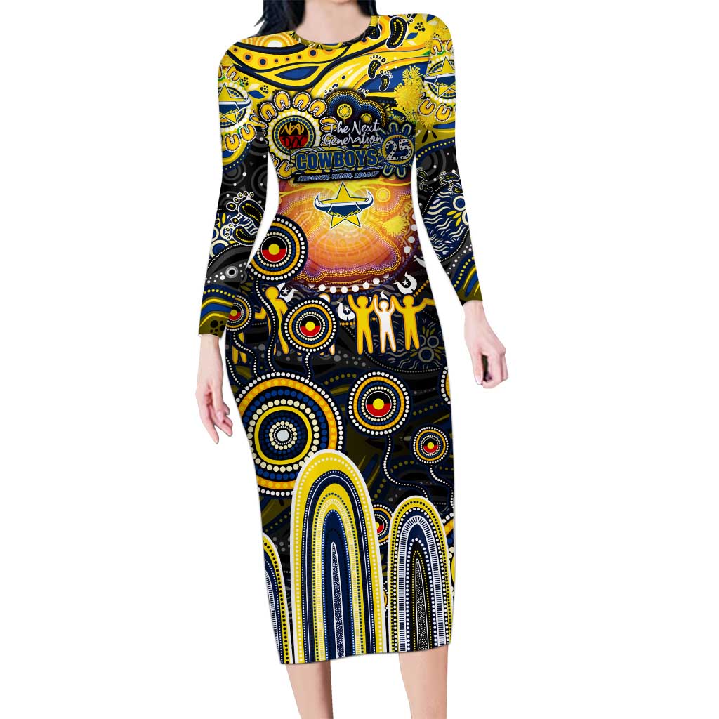 Personalised NAIDOC Week 2025 Cowboys Rugby Long Sleeve Bodycon Dress Aboriginal Dot Painting