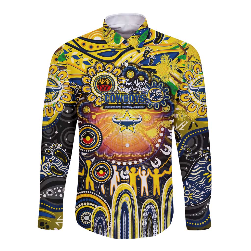 Personalised NAIDOC Week 2025 Cowboys Rugby Long Sleeve Button Shirt Aboriginal Dot Painting