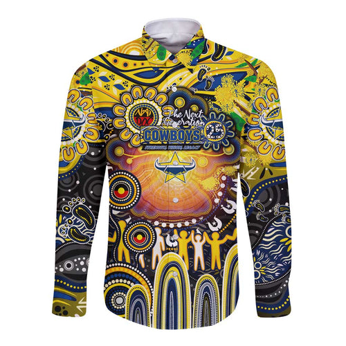Personalised NAIDOC Week 2025 Cowboys Rugby Long Sleeve Button Shirt Aboriginal Dot Painting