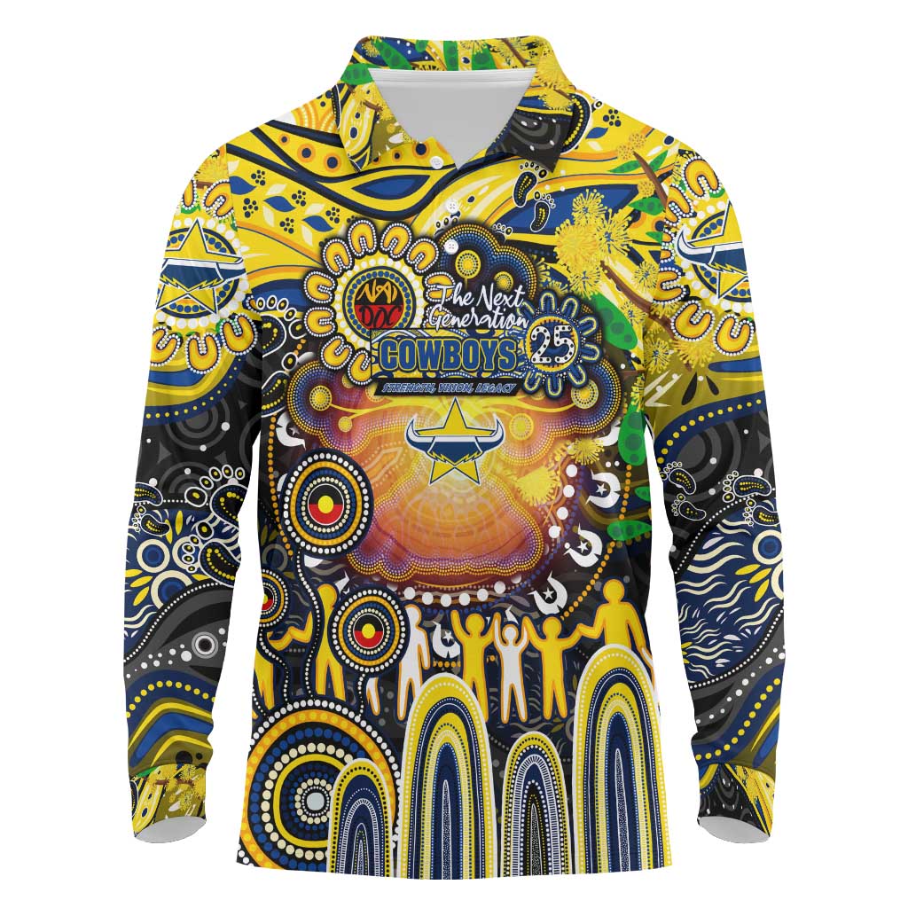 Personalised NAIDOC Week 2025 Cowboys Rugby Long Sleeve Polo Shirt Aboriginal Dot Painting