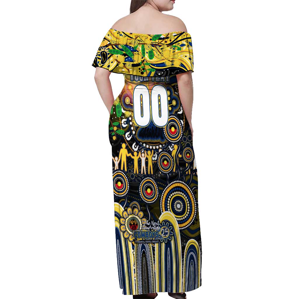 Personalised NAIDOC Week 2025 Cowboys Rugby Off Shoulder Maxi Dress Aboriginal Dot Painting