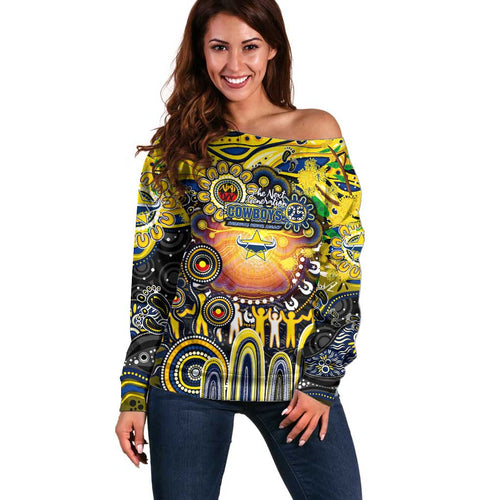 Personalised NAIDOC Week 2025 Cowboys Rugby Off Shoulder Sweater Aboriginal Dot Painting
