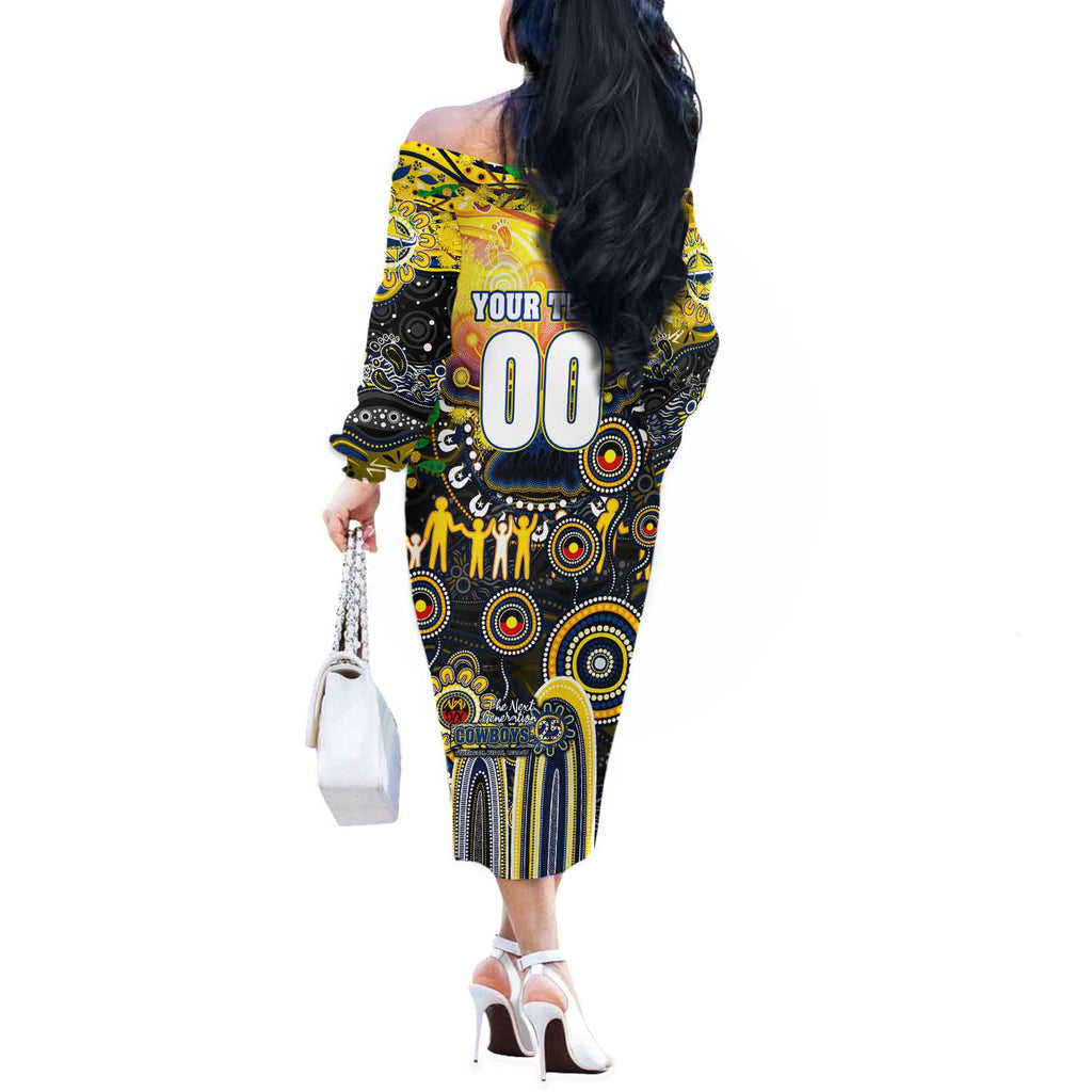 Personalised NAIDOC Week 2025 Cowboys Rugby Off The Shoulder Long Sleeve Dress Aboriginal Dot Painting