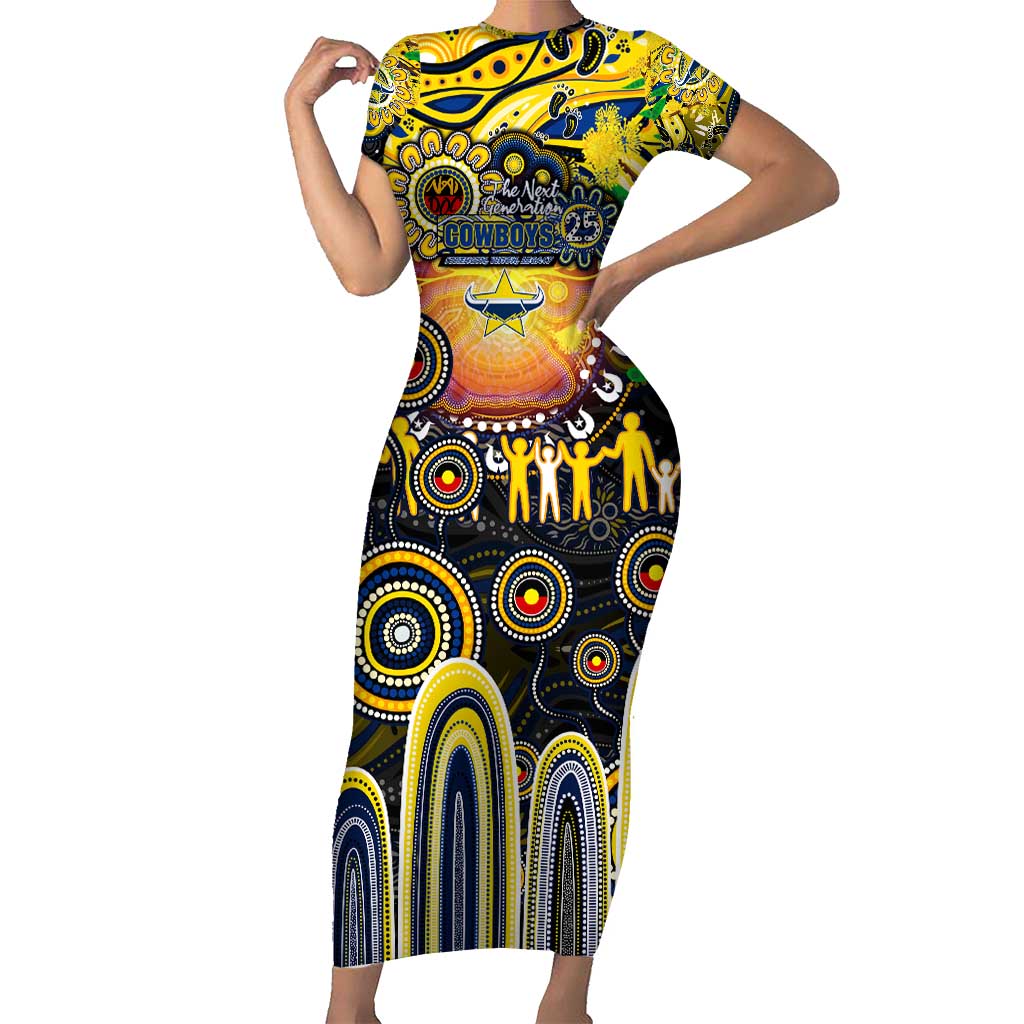 Personalised NAIDOC Week 2025 Cowboys Rugby Short Sleeve Bodycon Dress Aboriginal Dot Painting