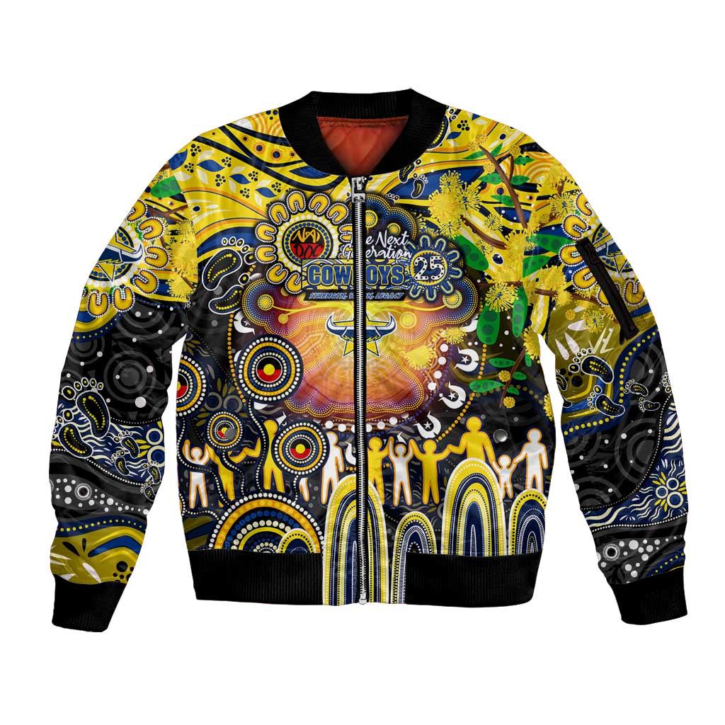Personalised NAIDOC Week 2025 Cowboys Rugby Sleeve Zip Bomber Jacket Aboriginal Dot Painting