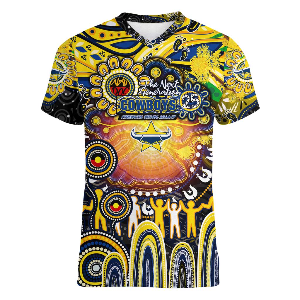 Personalised NAIDOC Week 2025 Cowboys Rugby Women V-Neck T-Shirt Aboriginal Dot Painting