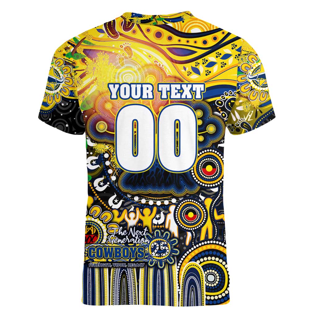 Personalised NAIDOC Week 2025 Cowboys Rugby Women V-Neck T-Shirt Aboriginal Dot Painting