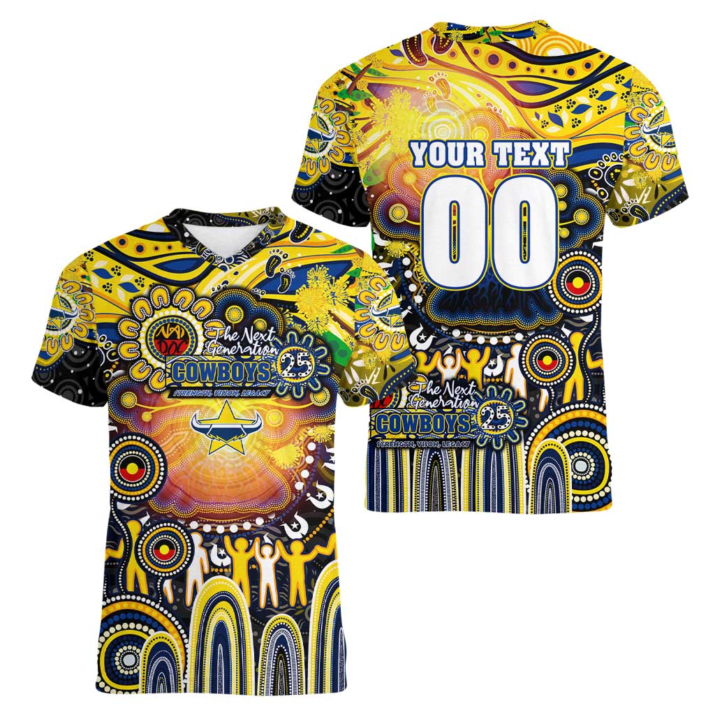 Personalised NAIDOC Week 2025 Cowboys Rugby Women V-Neck T-Shirt Aboriginal Dot Painting