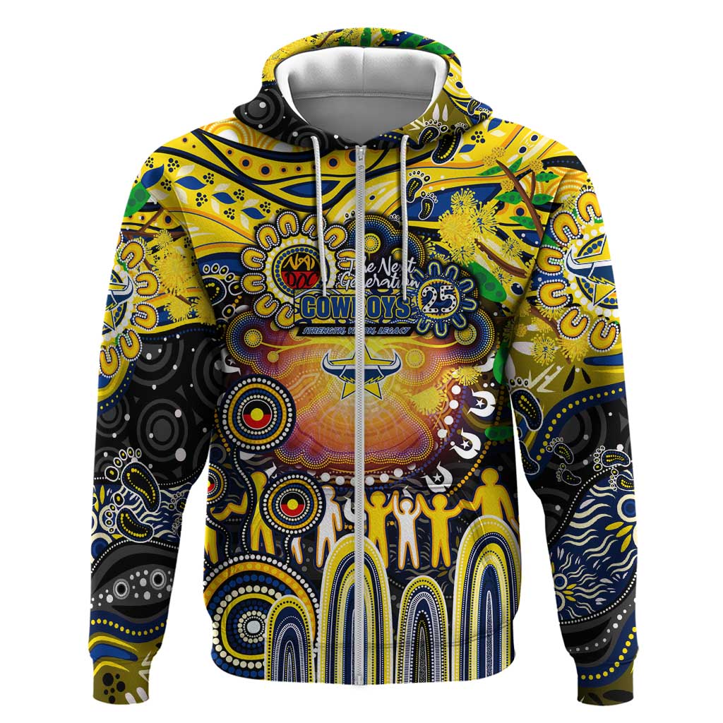 Personalised NAIDOC Week 2025 Cowboys Rugby Zip Hoodie Aboriginal Dot Painting