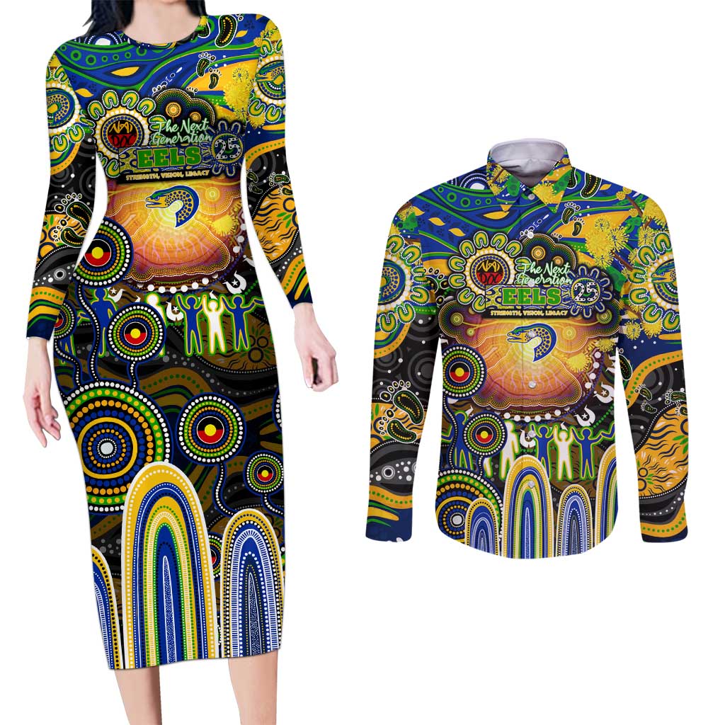 Personalised NAIDOC Week 2025 Eels Rugby Couples Matching Long Sleeve Bodycon Dress and Long Sleeve Button Shirt Aboriginal Dot Painting