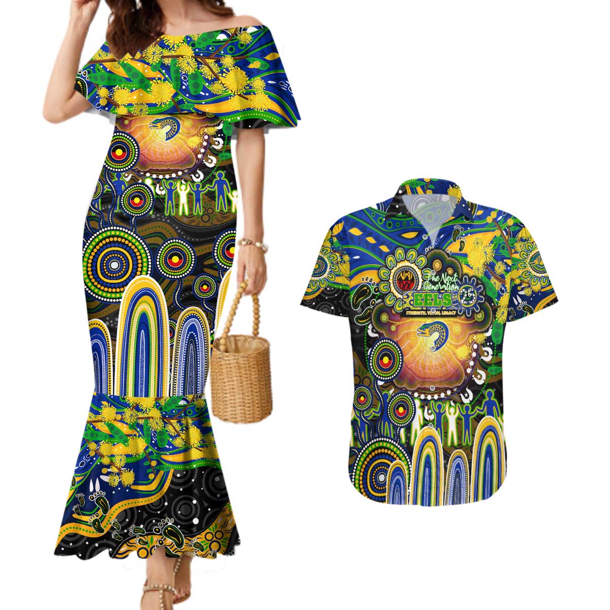 Personalised NAIDOC Week 2025 Eels Rugby Couples Matching Mermaid Dress and Hawaiian Shirt Aboriginal Dot Painting