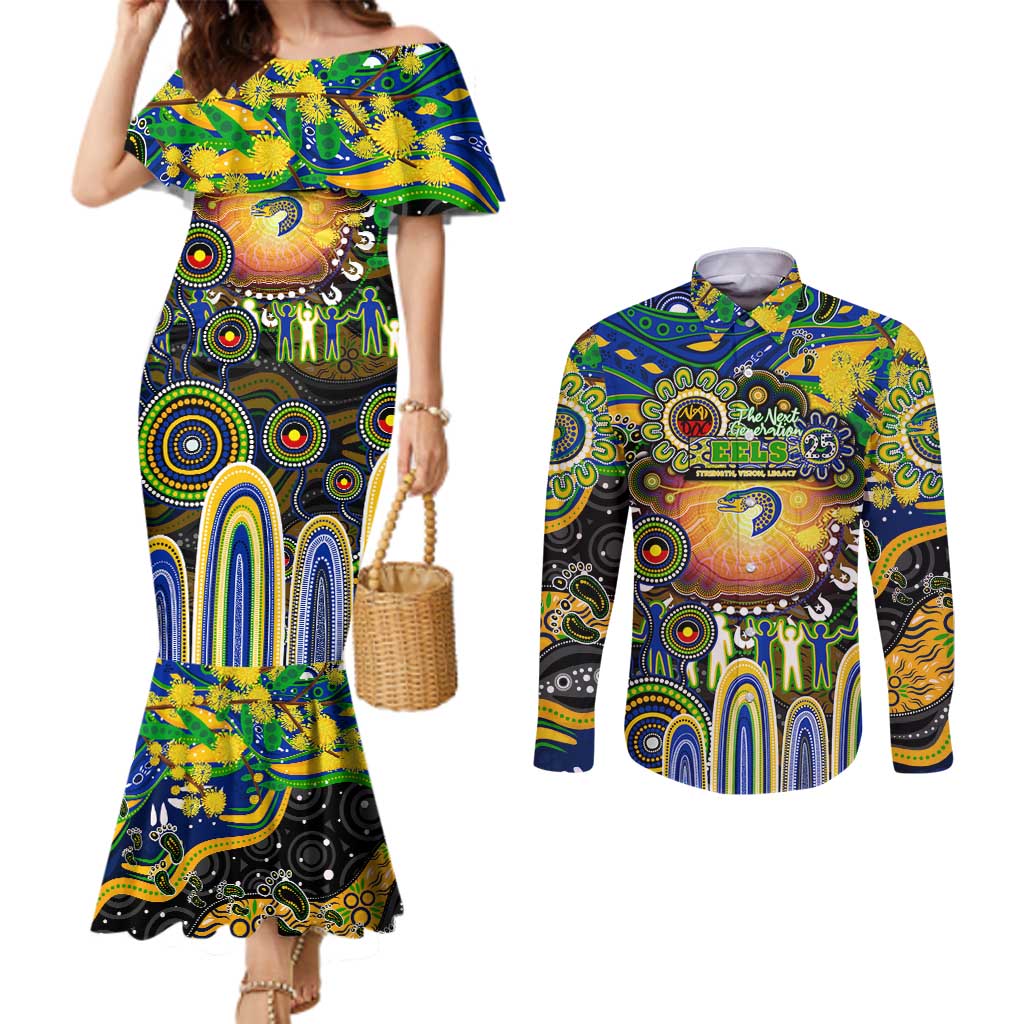 Personalised NAIDOC Week 2025 Eels Rugby Couples Matching Mermaid Dress and Long Sleeve Button Shirt Aboriginal Dot Painting