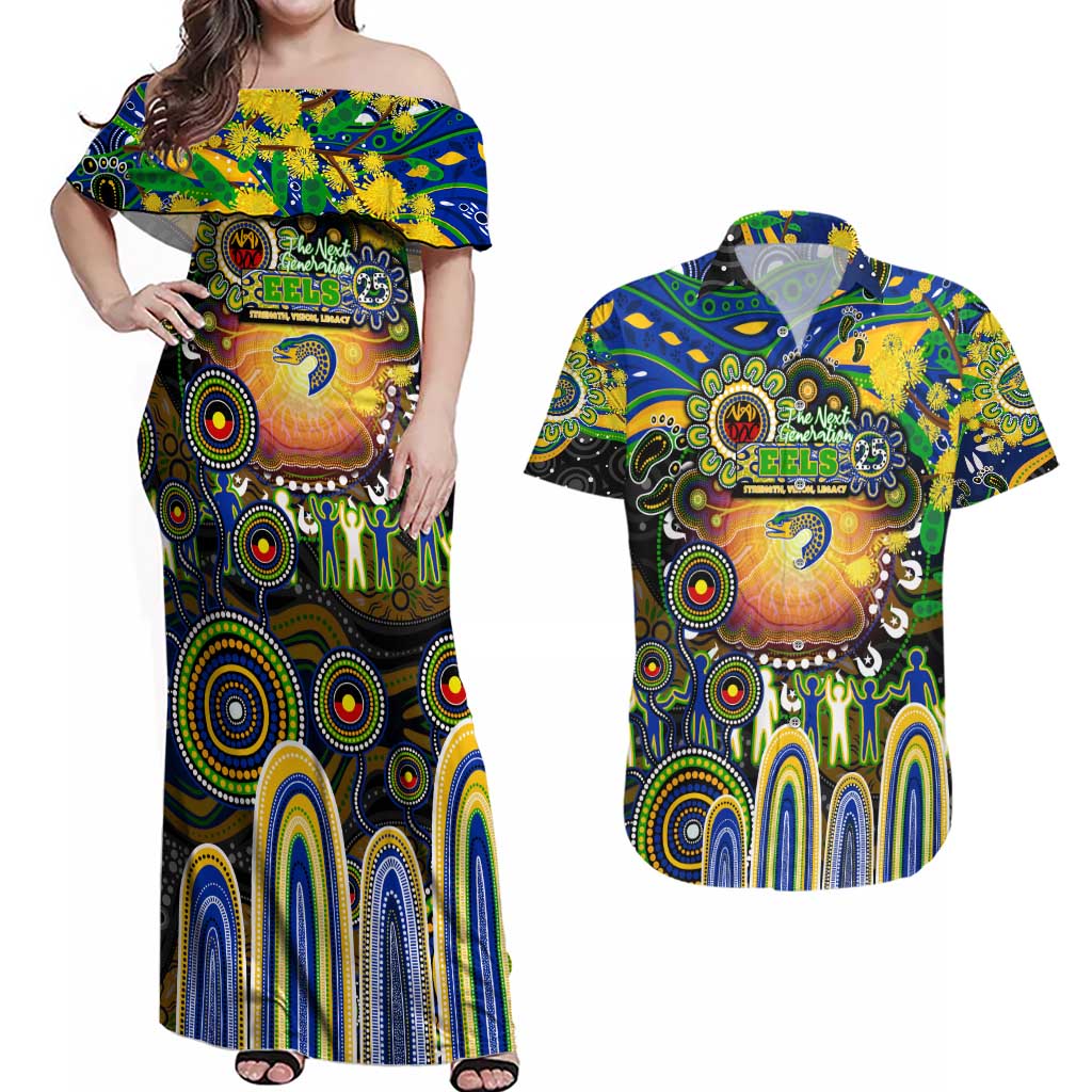 Personalised NAIDOC Week 2025 Eels Rugby Couples Matching Off Shoulder Maxi Dress and Hawaiian Shirt Aboriginal Dot Painting