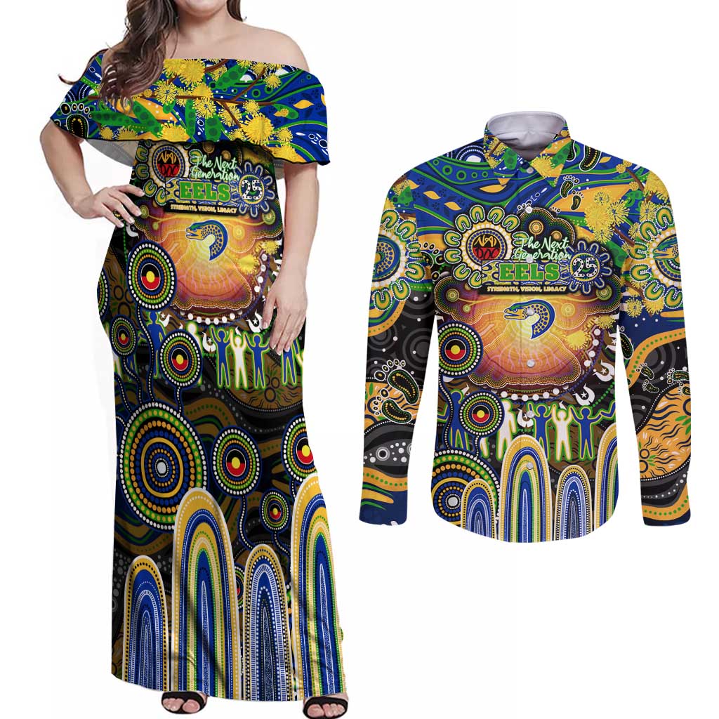 Personalised NAIDOC Week 2025 Eels Rugby Couples Matching Off Shoulder Maxi Dress and Long Sleeve Button Shirt Aboriginal Dot Painting